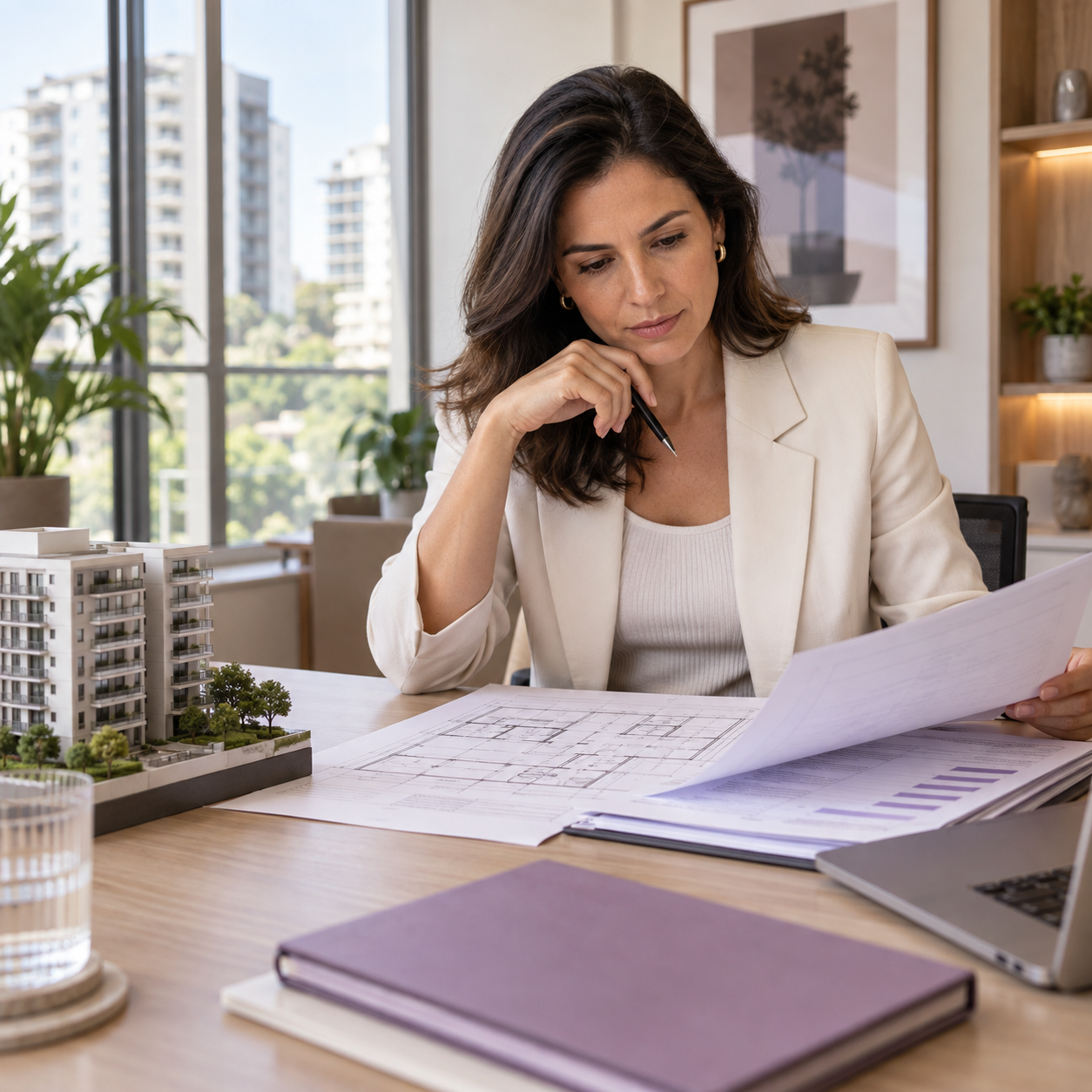 Profissional analisando documentos da gestão condominial